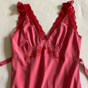 Betsey Johnson pink dress with red lace and embroidery